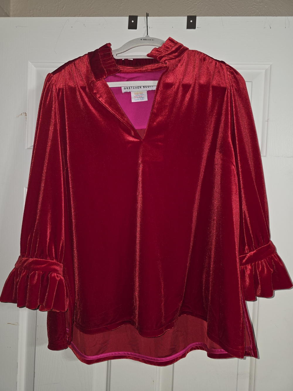 Gretchen Scott Designs Crimson Velvet V-Neck Blouse with Ruffle Cuffs
